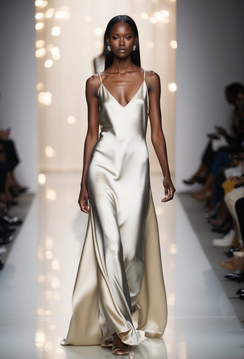 A minimalist silk slip dress drapes elegantly on a 90s runway, exuding effortless sophistication