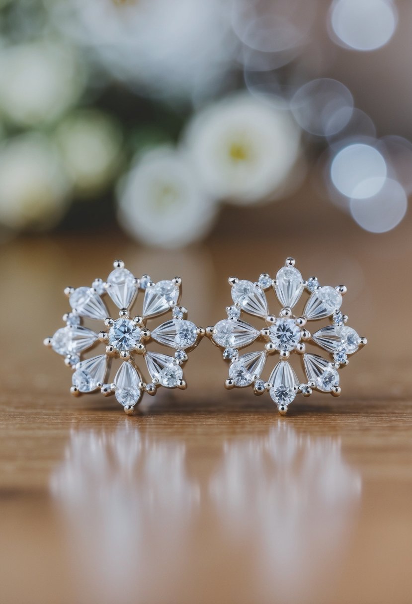 A pair of elegant white gold wedding earrings with intricate floral designs and sparkling gemstones