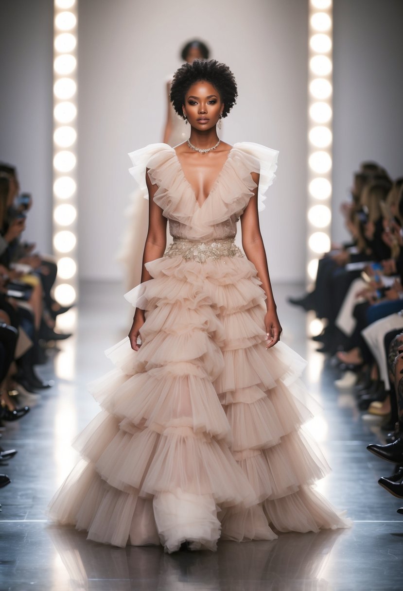 A bohemian ruffled tulle gown floats down a 90s runway, with delicate layers and intricate details catching the light