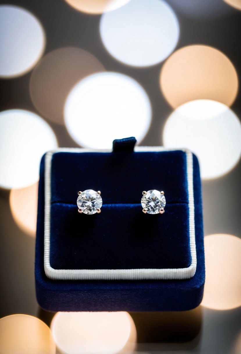 A pair of diamond stud white gold earrings displayed on a velvet cushion with soft lighting