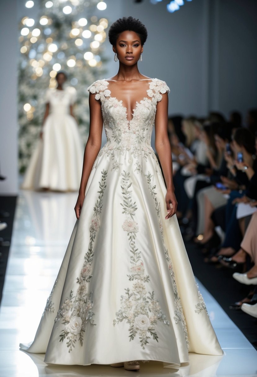 A vintage A-line wedding dress with intricate floral embroidery, showcased on a 90s fashion runway