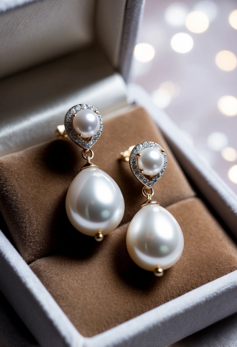 A pair of pearl drop earrings in white gold, resting on a velvet cushion with soft lighting highlighting their elegant design