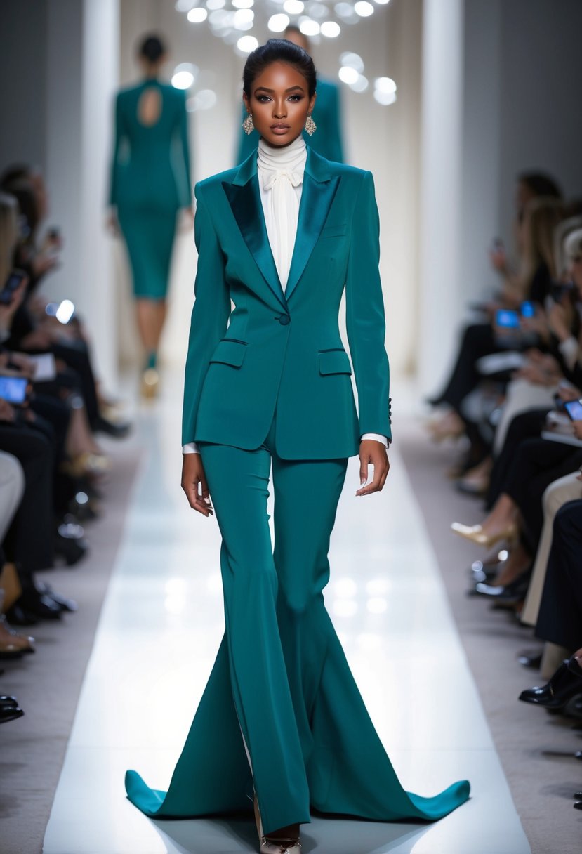 A model struts down the runway in a chic pant suit with a dramatic train, exuding 90s glamour for a wedding dress inspiration