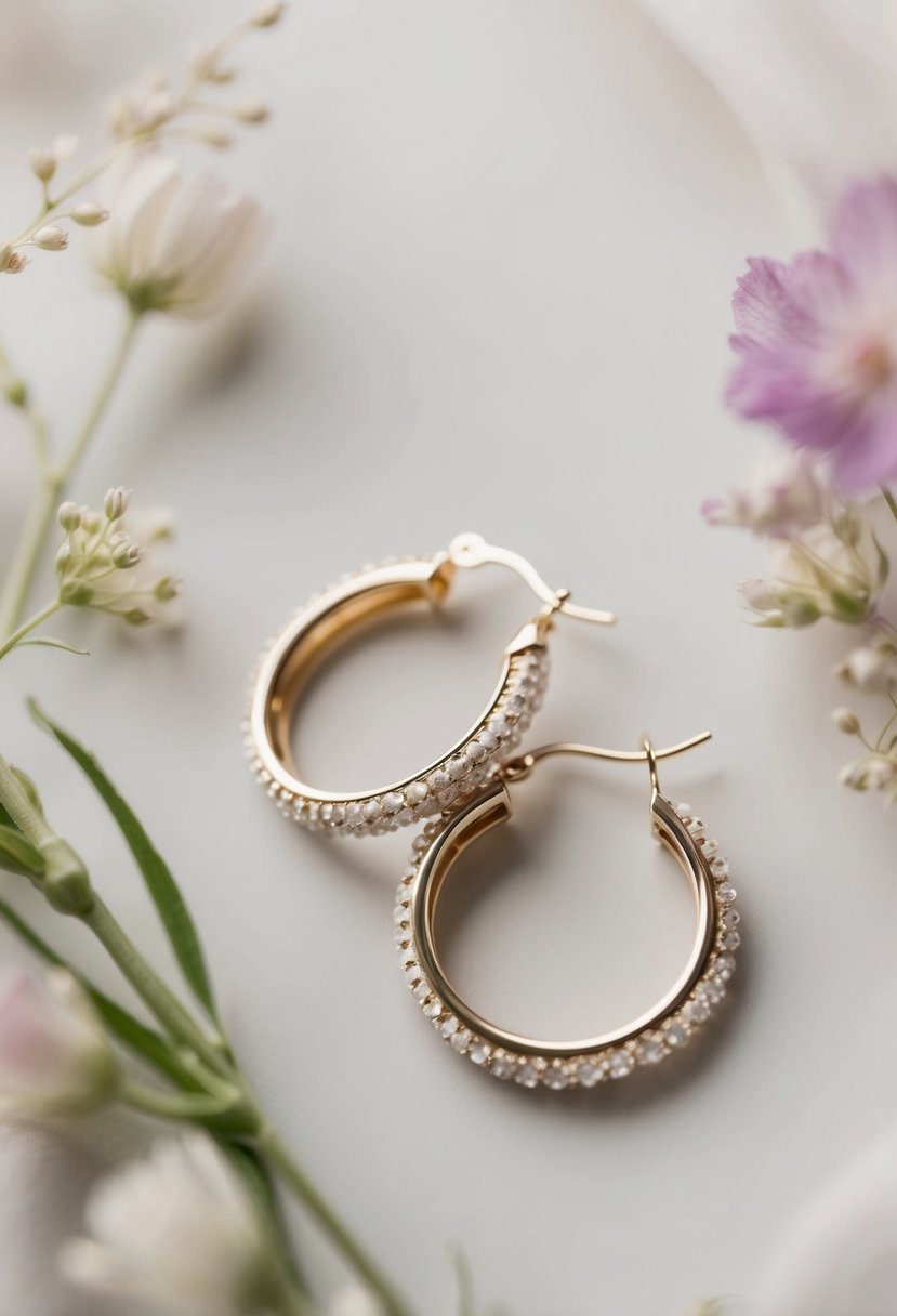 A close-up of vintage-inspired white gold hoops against a soft, romantic background, with delicate floral accents