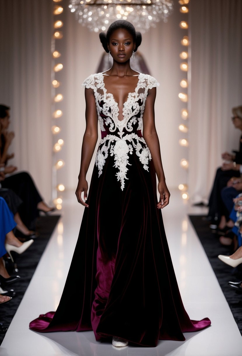 A velvet vintage-inspired wedding dress on a 90s runway, with intricate lace details and a flowing, elegant silhouette