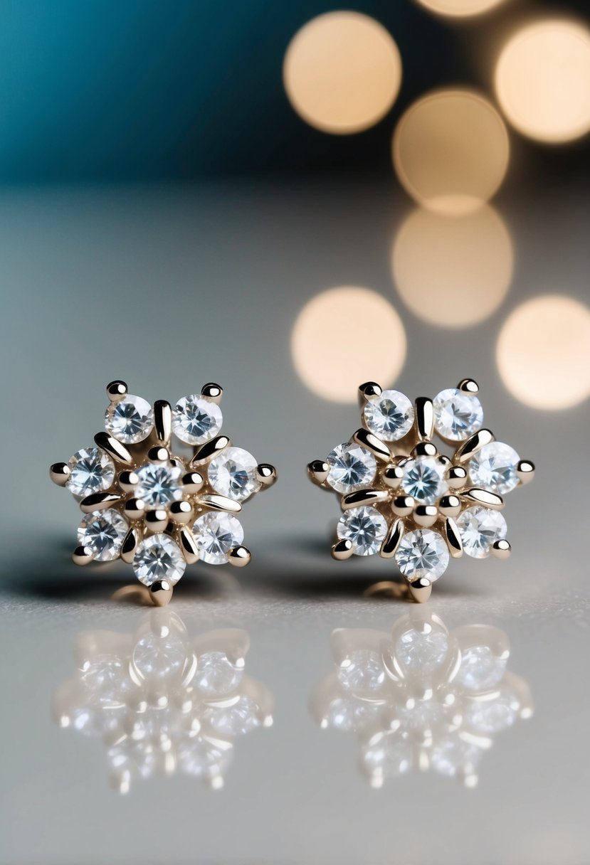 A pair of white gold earrings adorned with rhinestone floral designs, gleaming under soft lighting