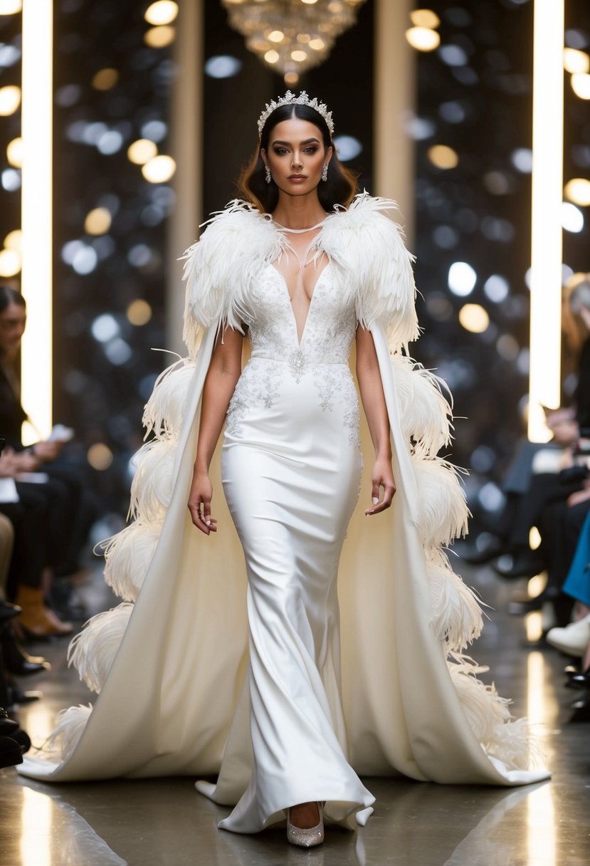 A bride wearing a feathered cape walks down a 90s runway in a dramatic wedding dress