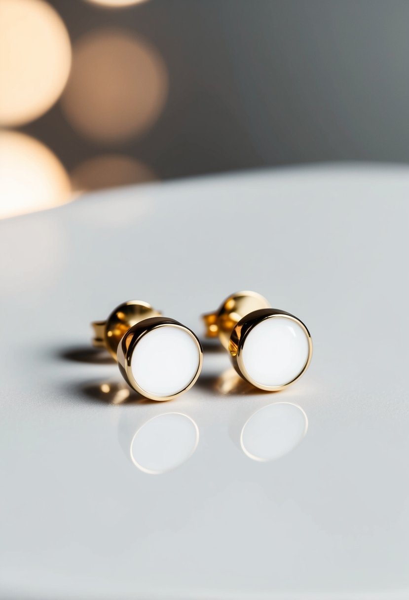 A pair of modern minimalist white gold studs resting on a clean, white surface, with soft lighting highlighting their elegant and simple design