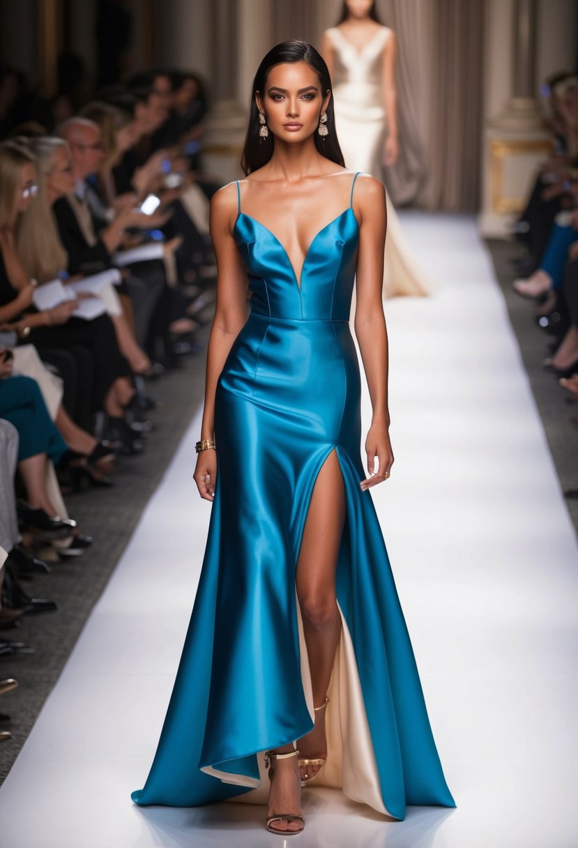 A model walks down a 90s runway in a high-low hemline satin gown, exuding elegance and sophistication