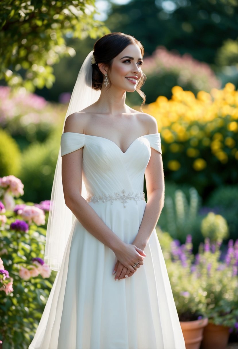 A bride stands in a garden, wearing an off the shoulder sleeves wedding dress, with flowers blooming in the background