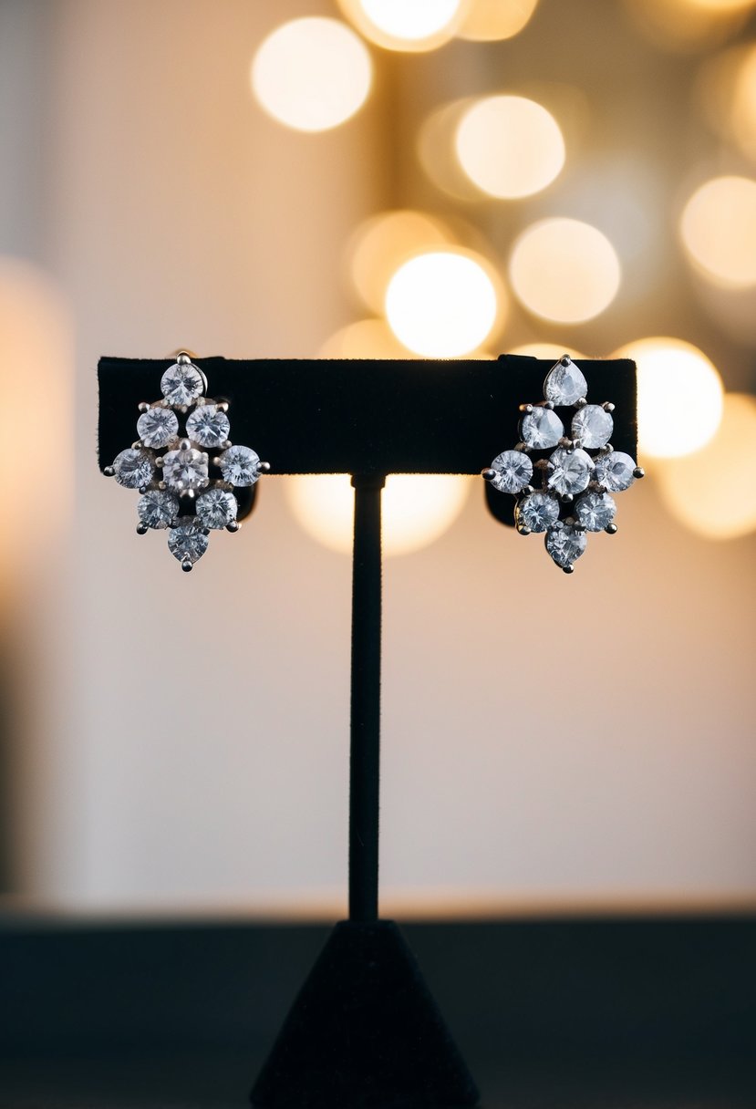 A pair of white gold cluster earrings displayed on a velvet jewelry stand under soft, warm lighting