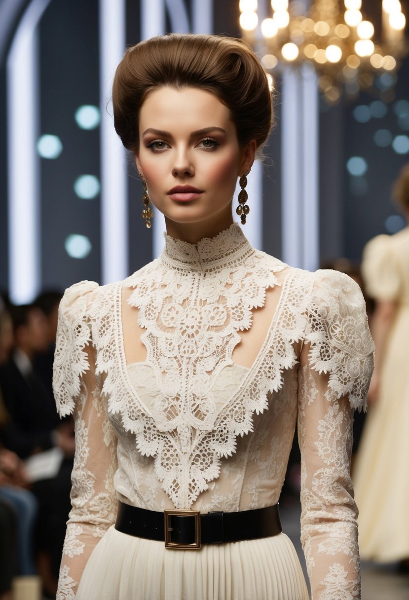 A Victorian lace high-neck dress showcased on a 90s runway, with intricate details and a vintage feel