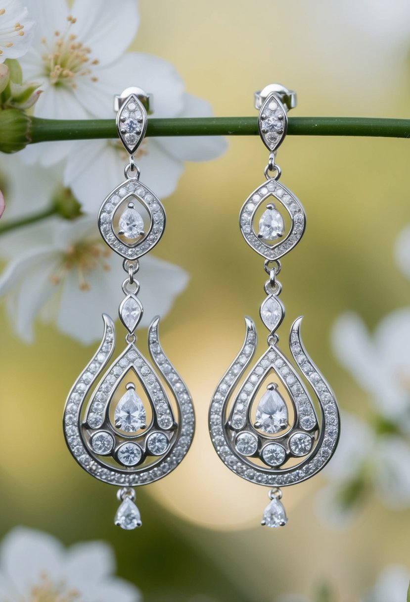 A pair of elegant 18k white gold dangler earrings, featuring intricate designs and sparkling gemstones, perfect for a wedding ensemble