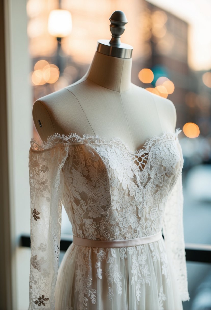 A bohemian lace off-the-shoulder wedding dress on a mannequin