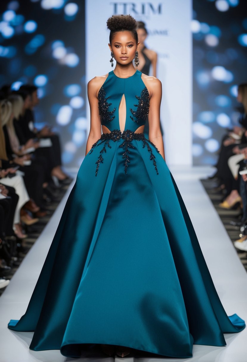 A bold cutout ball gown on a 90s runway, with dramatic silhouette and intricate details