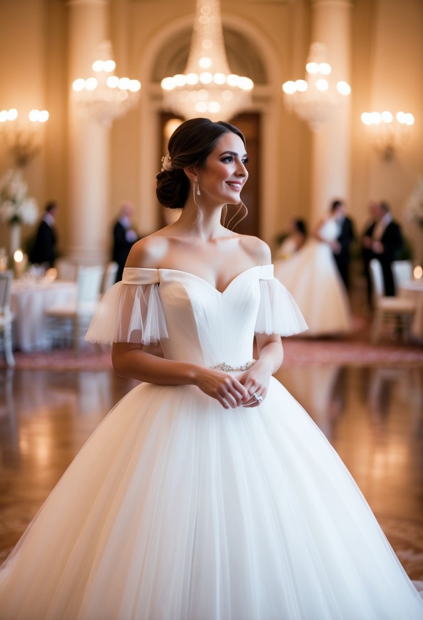 A bride in a classic tulle off-shoulder ball gown, with delicate off-the-shoulder sleeves, standing in a grand ballroom surrounded by elegant decor