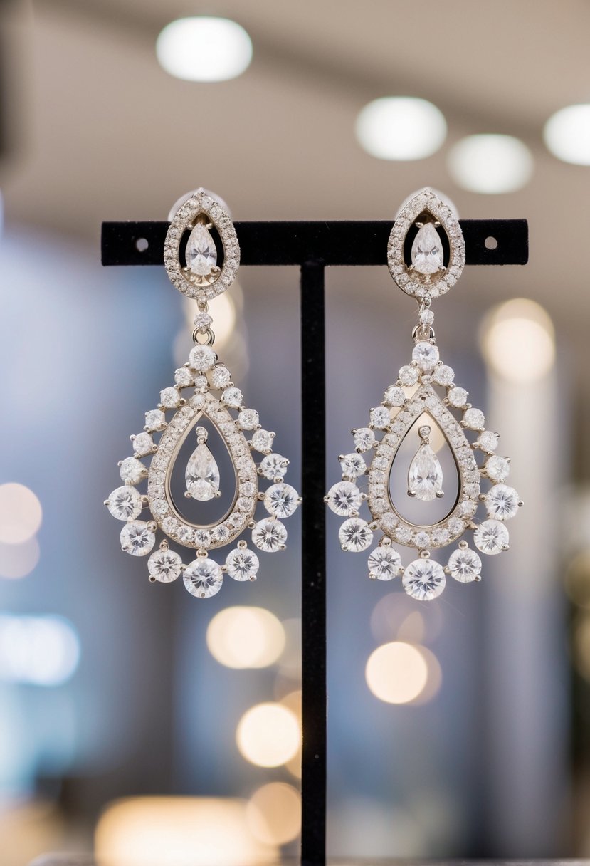 A sparkling pair of white gold and diamond chandelier earrings hanging from a display stand