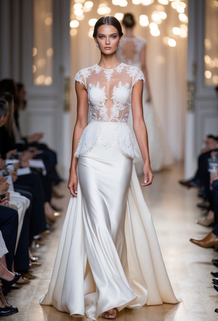 A model walks down a runway in a sheer illusion bodice dress, with intricate lace details and a flowing skirt, showcasing 90s wedding dress inspiration