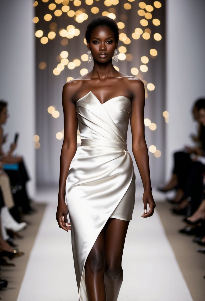 A model walks down the runway in a satin strapless asymmetric dress, exuding 90s wedding elegance