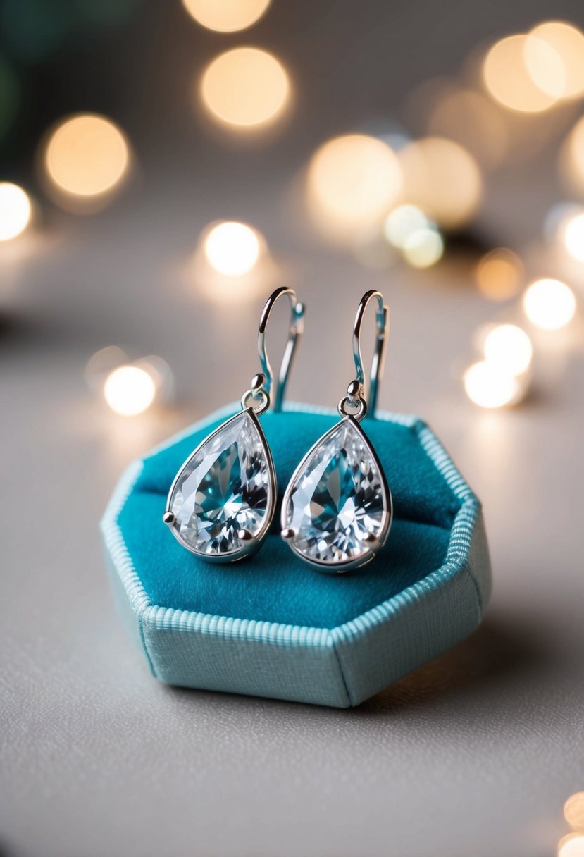 A pair of elegant teardrop earrings made of white gold, resting on a velvet cushion with soft lighting to highlight their beauty