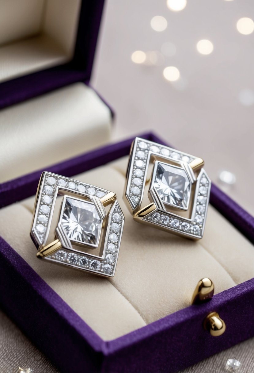 A pair of elegant Art Deco style white gold earrings, featuring geometric patterns and sparkling diamonds, displayed on a luxurious velvet jewelry box