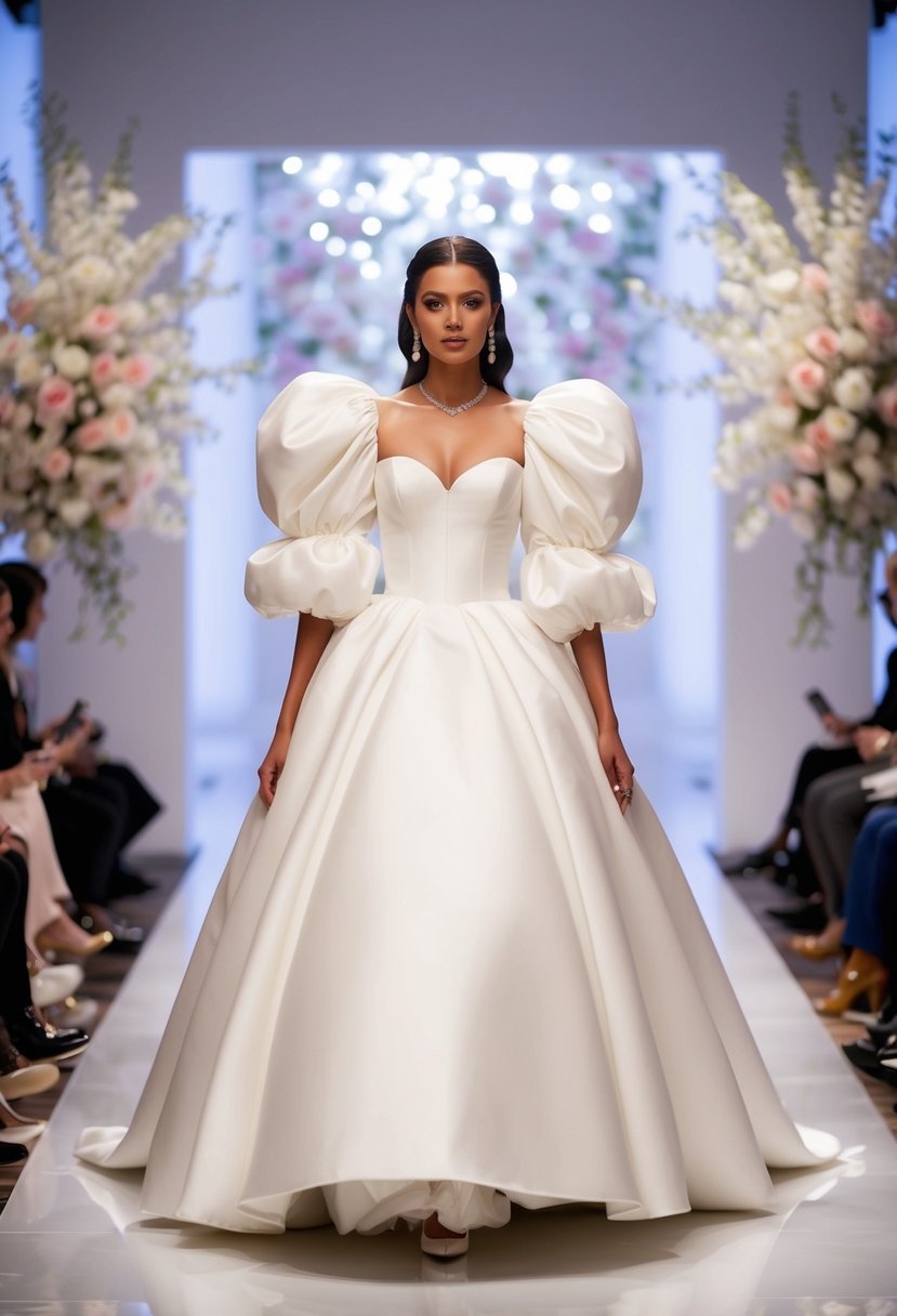 A bride in a voluminous puff sleeve gown walks down a 90s runway, surrounded by soft lighting and delicate floral accents