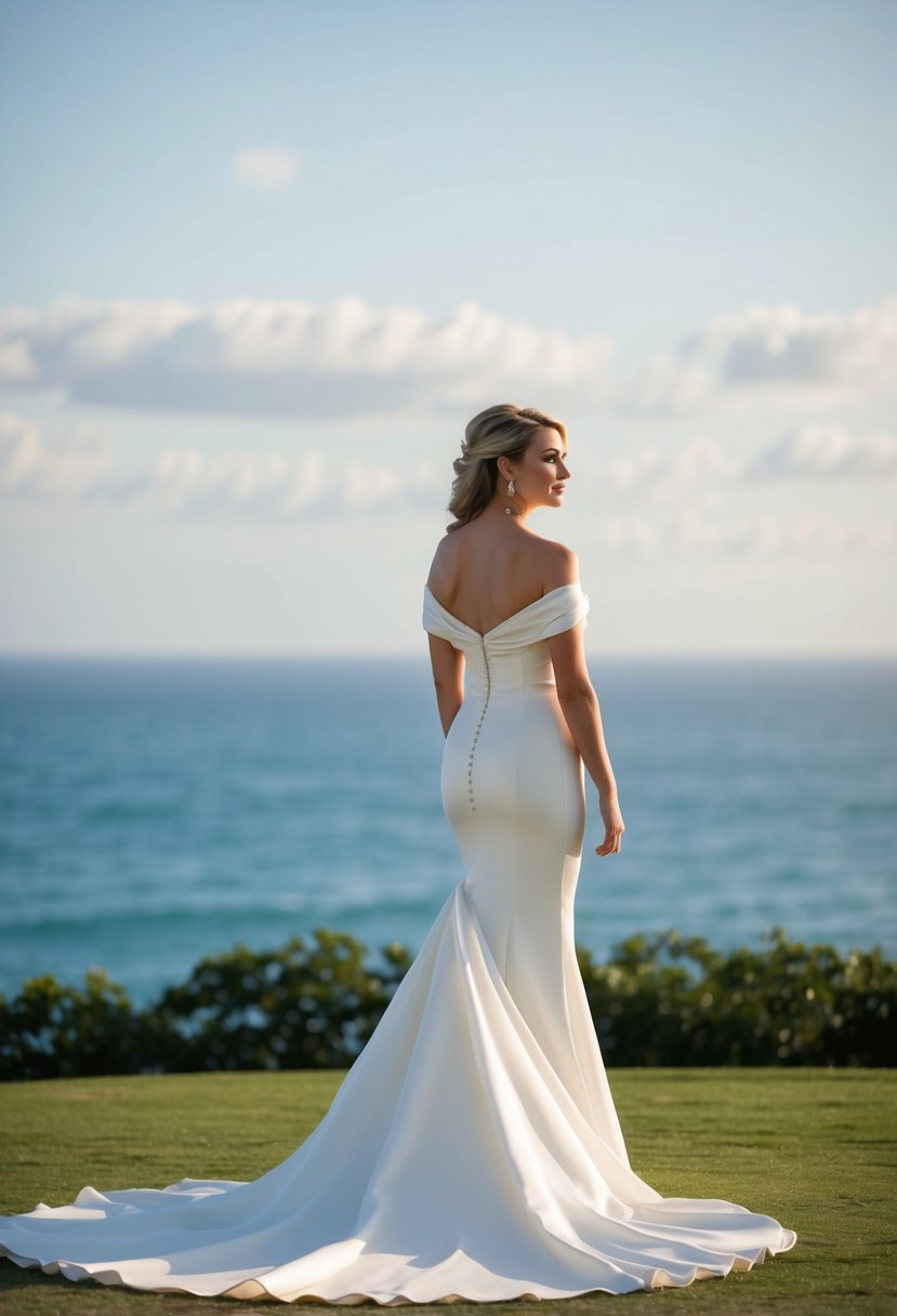 A bride stands in a flowing off-shoulder mermaid dress, the fabric draping elegantly as she gazes out over a tranquil ocean view