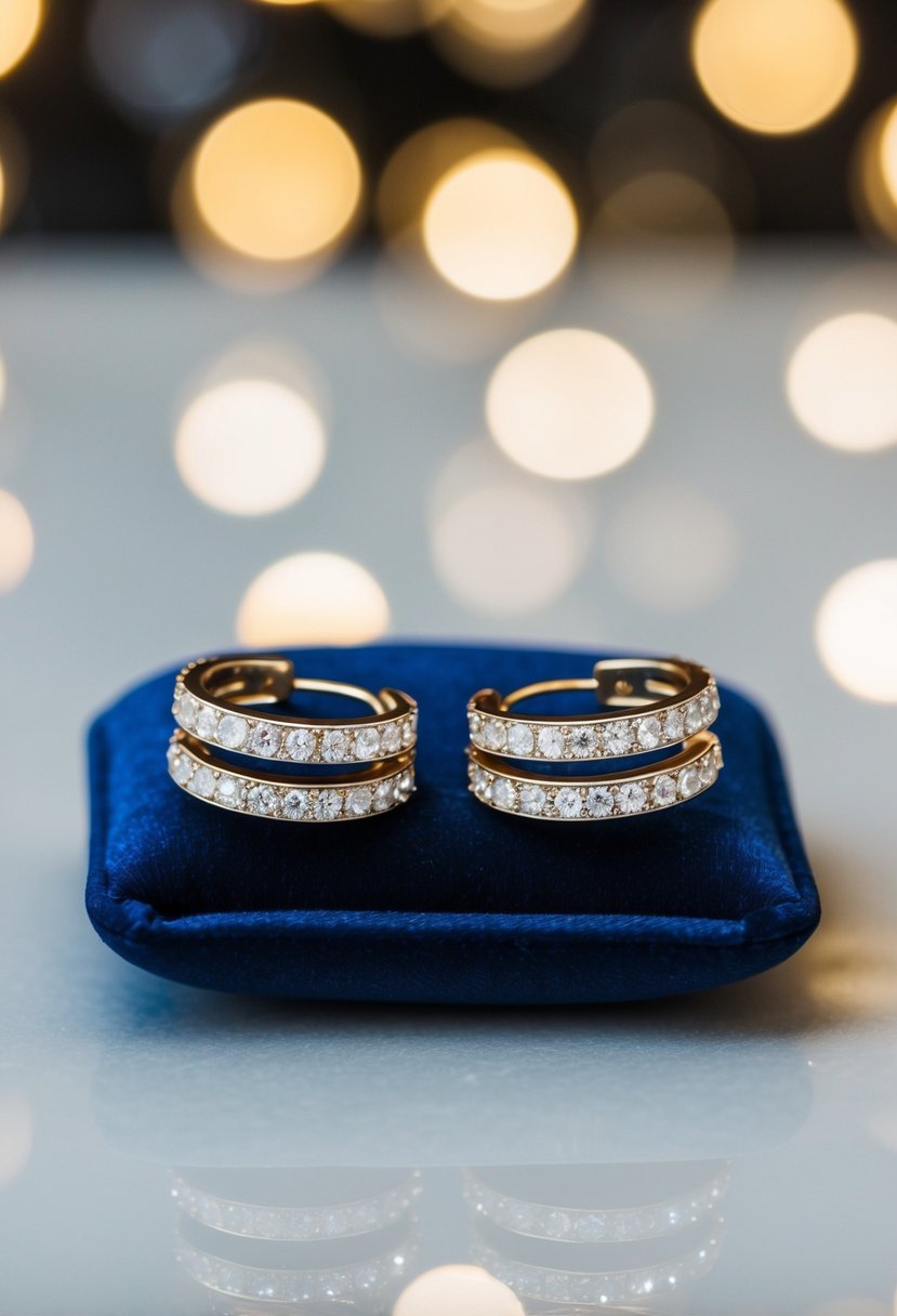 A pair of simple white gold earrings with sparkling crystals, resting on a velvet cushion