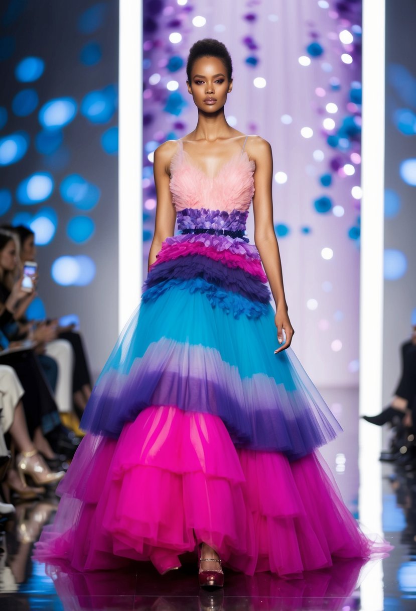 A model walks down the runway in a voluminous ombre tulle dress, with layers of pink, purple, and blue cascading down to the floor