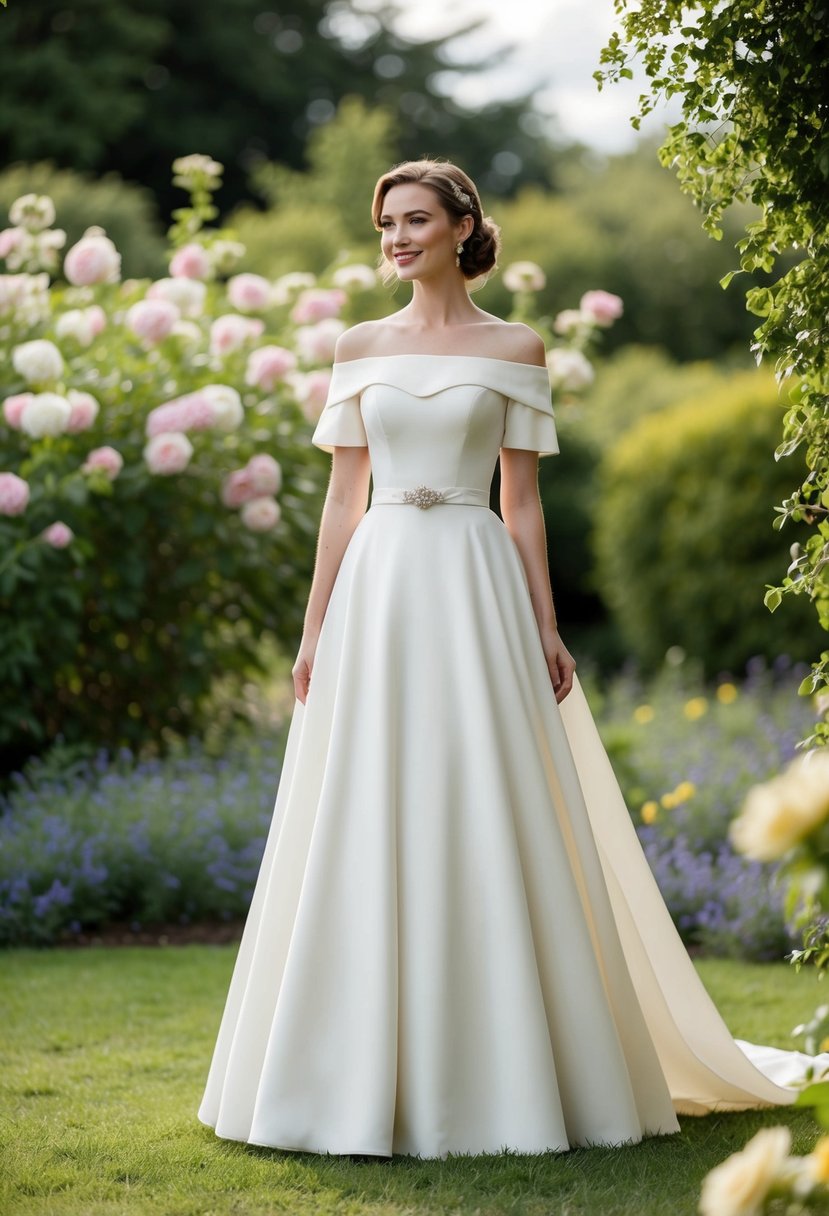 A bride in a vintage-inspired off-shoulder tea-length wedding dress with sleeves, standing in a garden surrounded by flowers and greenery