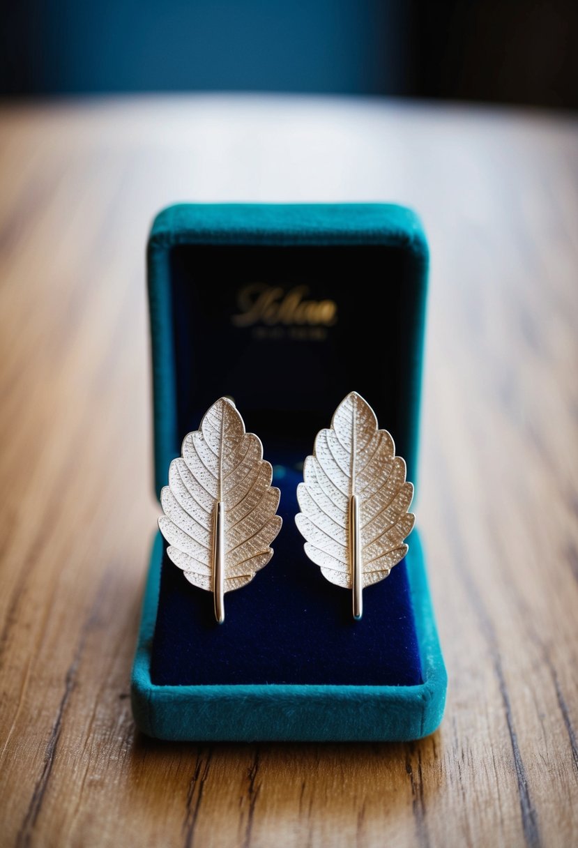 A pair of delicate white gold leaf earrings, with intricate details and a shimmering finish, displayed on a velvet cushion