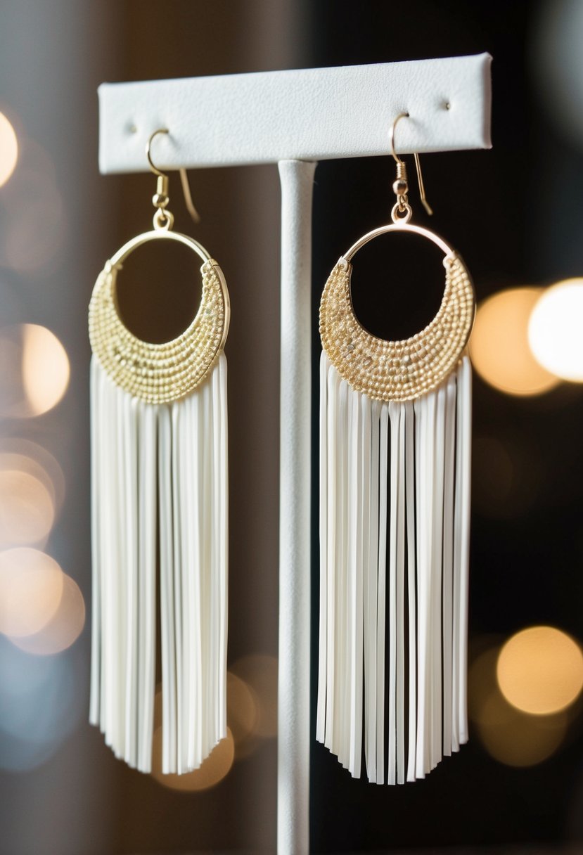 A pair of bohemian white gold fringe earrings dangle from a display stand, catching the light and casting delicate shadows