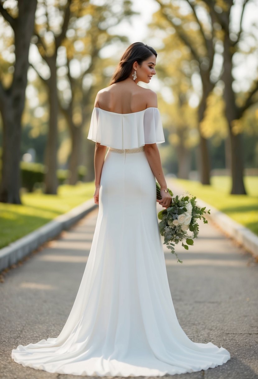 A chiffon off-shoulder wedding dress with a long train flowing behind