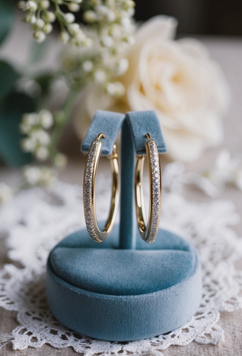 A pair of white gold huggie hoop earrings displayed on a velvet cushion, surrounded by delicate lace and floral details