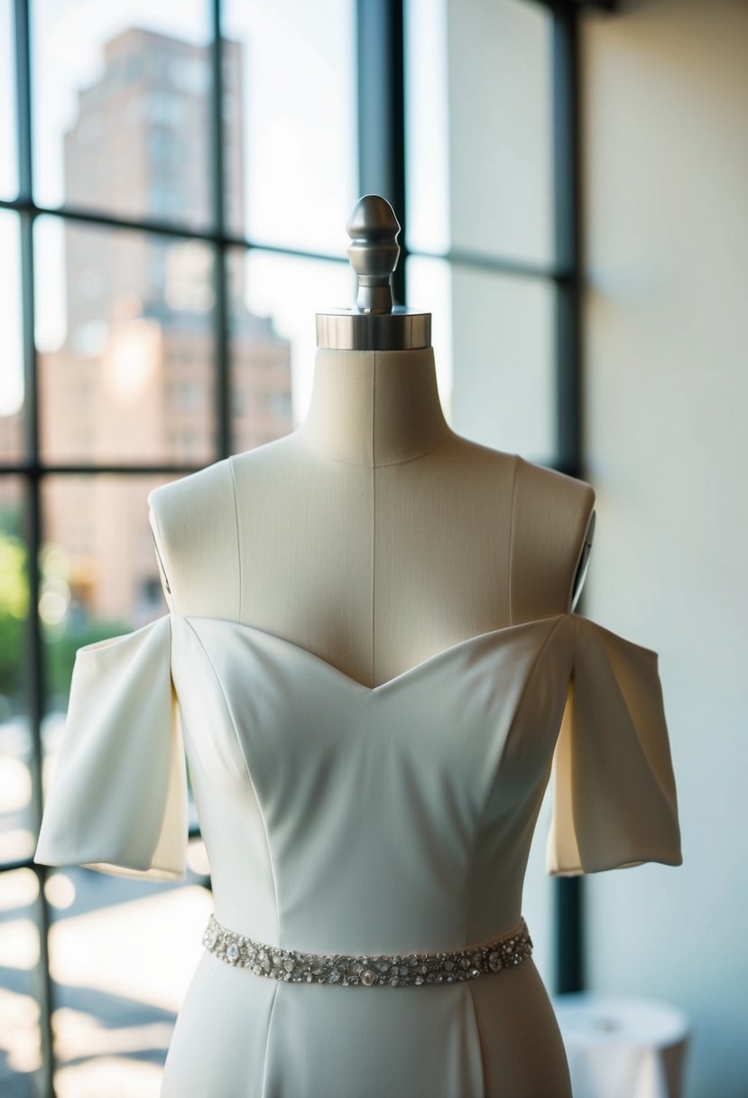 A modern off-the-shoulder wedding dress with cut-out sleeves on a mannequin