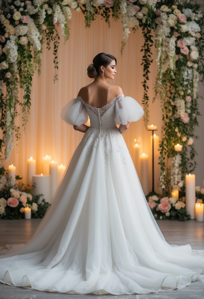 A flowing off-shoulder wedding dress with puff sleeves, adorned with delicate lace and intricate beading