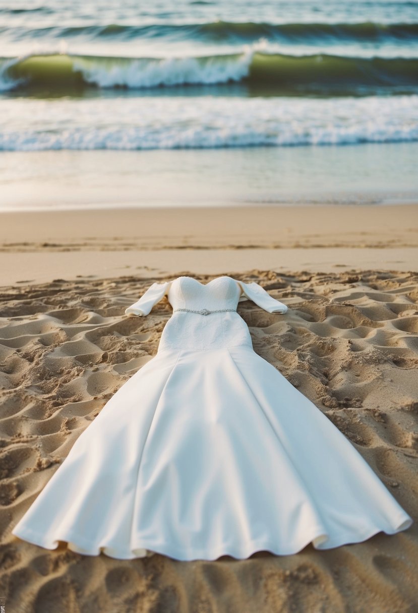 An off-shoulder wedding dress laid out on a sandy beach with waves in the background