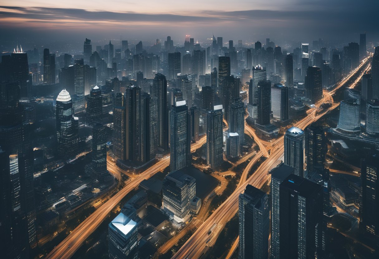 A bustling city skyline with towering skyscrapers and a mix of commercial and residential buildings, surrounded by a network of roads and highways