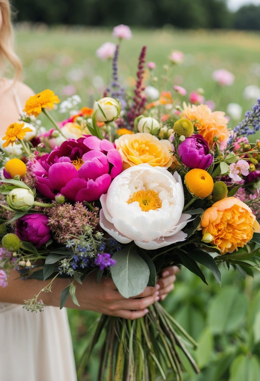 A colorful array of peonies, roses, and wildflowers arranged in a rustic, vintage-inspired bouquet