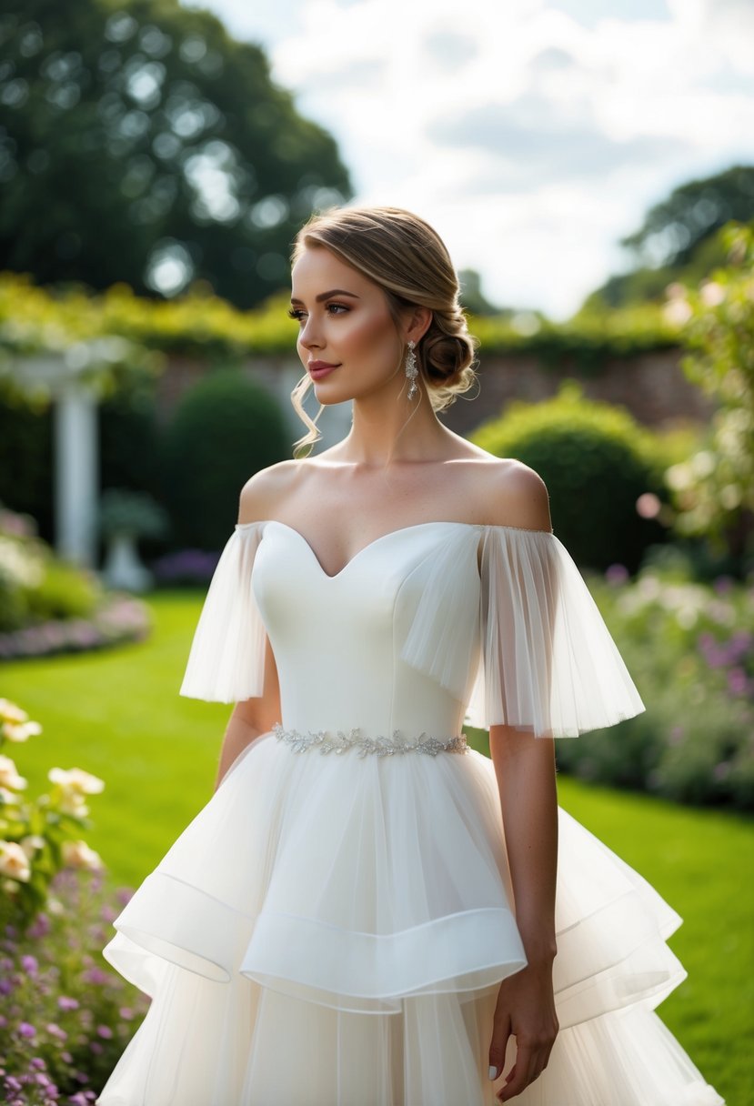 A bride standing in a garden, wearing a dreamy off-shoulder wedding dress with layered tulle and delicate off-the-shoulder sleeves