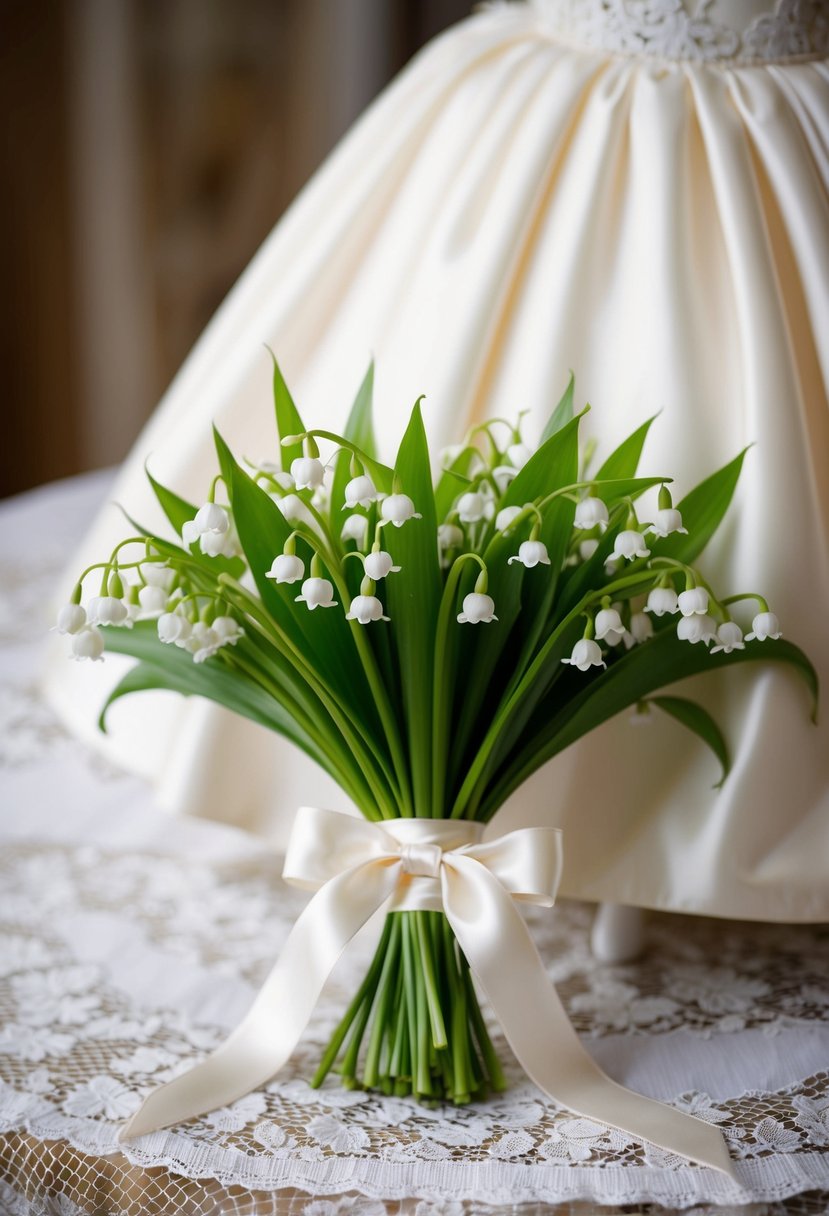 A delicate bouquet of lily of the valley, tied with a satin ribbon, rests on a lace tablecloth next to a vintage wedding dress