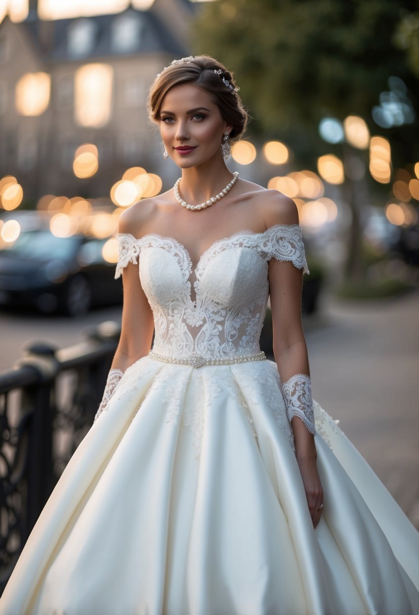 A lace-trimmed, off-the-shoulder wedding gown with a voluminous skirt and delicate pearl embellishments