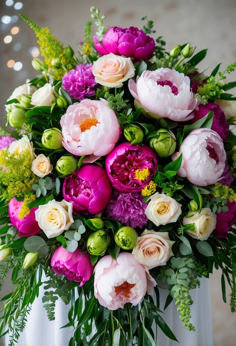 A colorful array of peonies, roses, and greenery arranged in a cascading bouquet