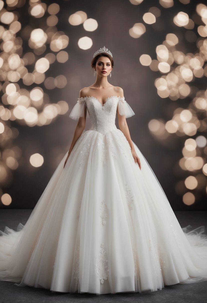 A grand, off-shoulder princess wedding dress with a flowing tutu skirt and delicate, off-the-shoulder sleeves