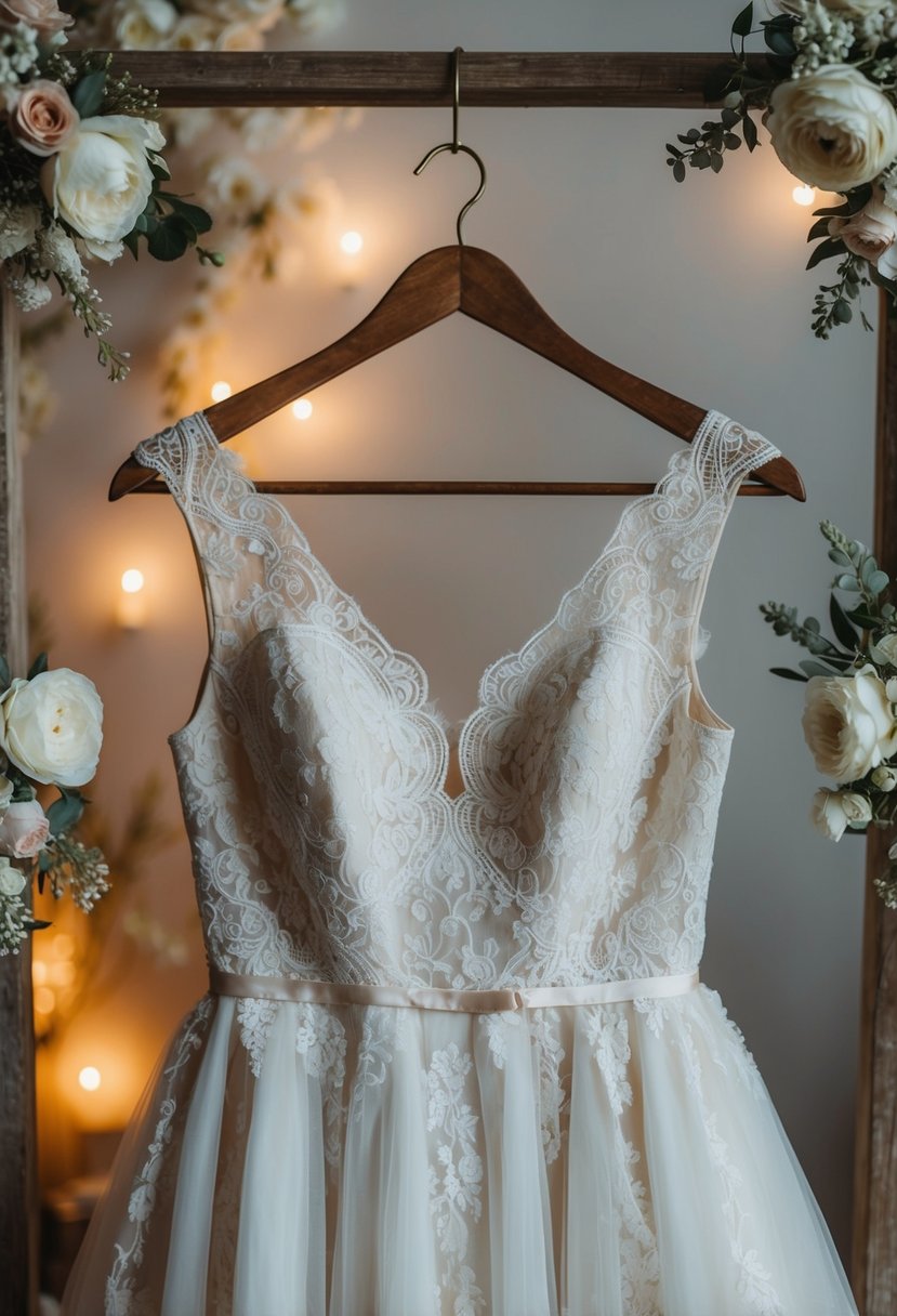 A 90s vintage wedding dress with whimsical lace details hangs on a rustic wooden hanger, surrounded by delicate floral accents and soft, romantic lighting