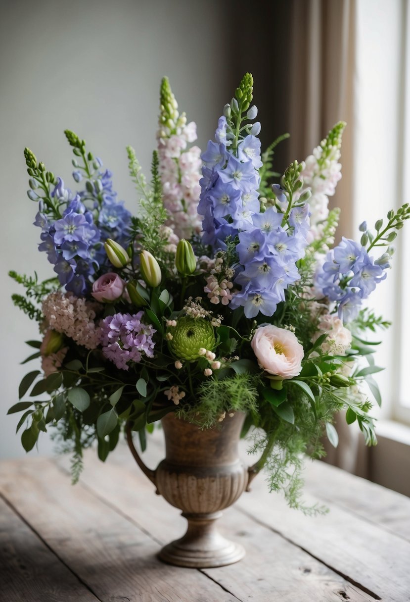 A lush bouquet of delicate Delphiniums, mixed with soft greenery and other pastel flowers, sits in a vintage vase on a rustic wooden table