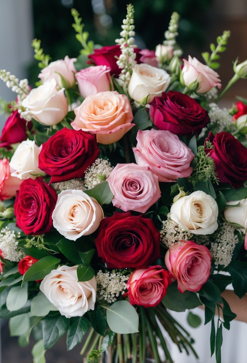 A lush bouquet of blooming roses in various shades of pink, red, and white, arranged in a cascading style with greenery and delicate filler flowers