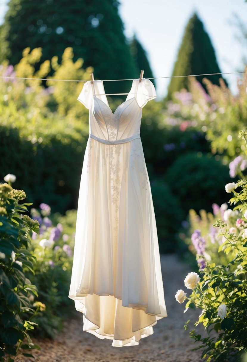 A flowing, delicate 90s vintage wedding dress hangs on a sunlit clothesline amid a garden of blooming flowers