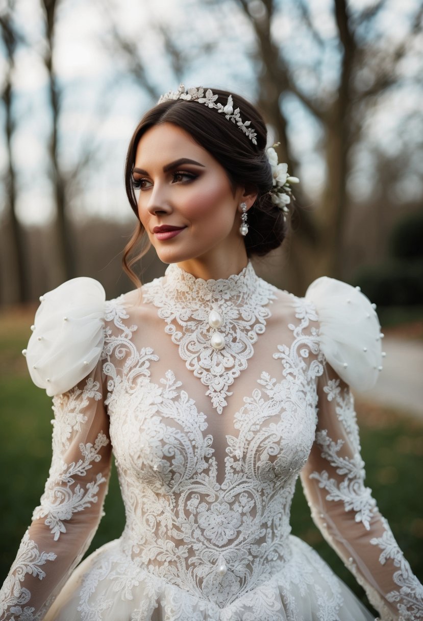 An ornate lace wedding dress with a high neckline and puffed sleeves, adorned with delicate pearl and crystal embellishments