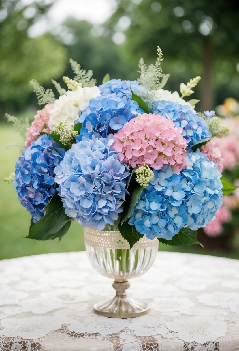 A lush bouquet of blue, pink, and white hydrangeas, accented with delicate greenery, sits in a crystal vase on a lace-covered table